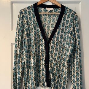 Tory Burch Blue Beetle  Patterned Cardigan Sweater L Bug Simone